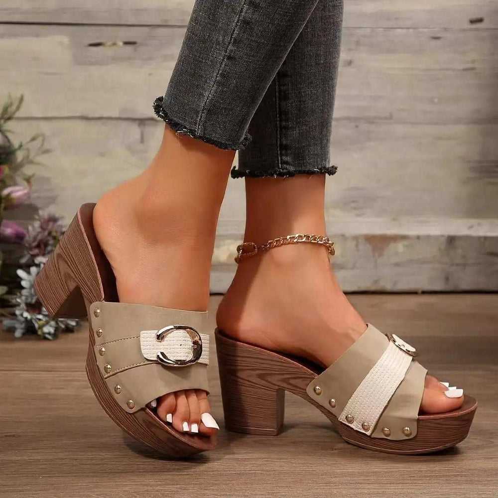 Buckle Trim Block Heel Sandals - Trendsi - Flyclothing LLC