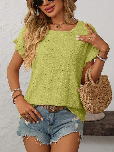 Mandy Eyelet Round Neck Short Sleeve Top - Trendsi - Flyclothing LLC