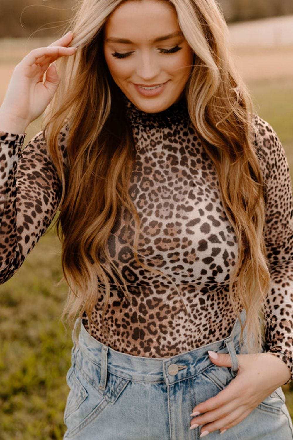 Turtleneck Leopard Long Sleeve Bodysuit - Trendsi - Flyclothing LLC