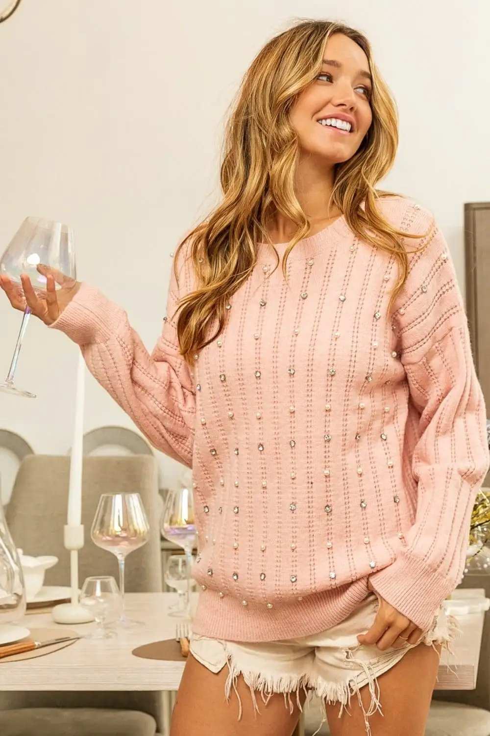 BiBi Pearl & Rhinestone Decor Long Sleeve Sweater - Trendsi - Flyclothing LLC