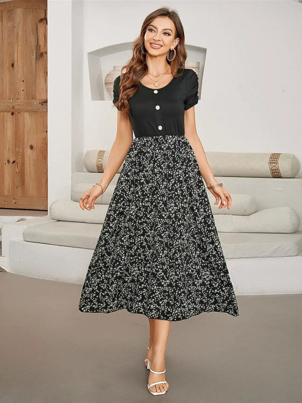 Printed Round Neck Short Sleeve Midi Dress - Trendsi