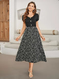 Printed Round Neck Short Sleeve Midi Dress - Trendsi