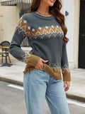 Contrast Round Neck Long Sleeve Sweater - Trendsi - Flyclothing LLC