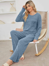 Round Neck Long Sleeve Top and Pants Set - Trendsi - Flyclothing LLC