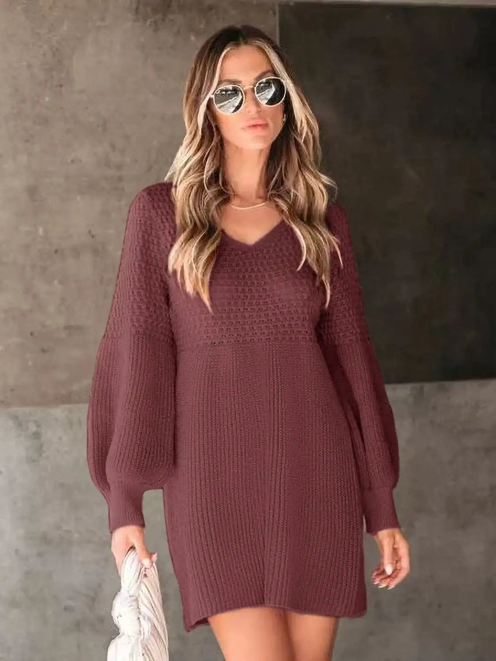 Perfee V-Neck Long Sleeve Sweater Dress - Trendsi