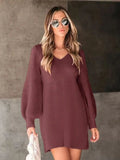 Perfee V-Neck Long Sleeve Sweater Dress - Trendsi