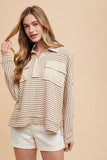 Annie Wear Striped Button Detail Long Sleeve Polo Top - Trendsi