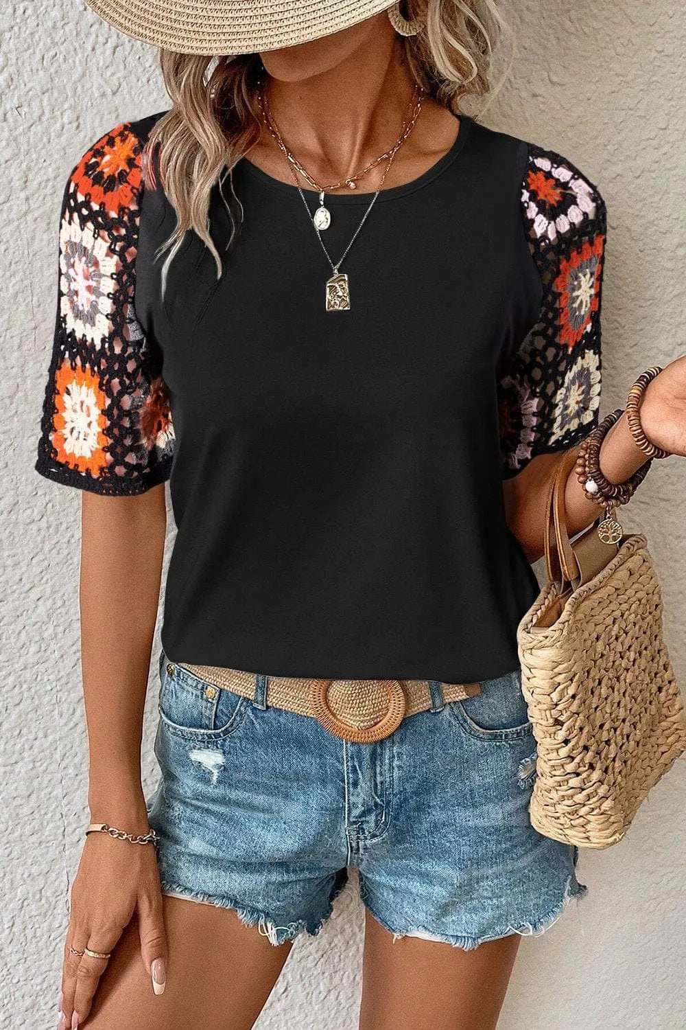 Geometric Round Neck Short Sleeve Blouse - Trendsi - Flyclothing LLC