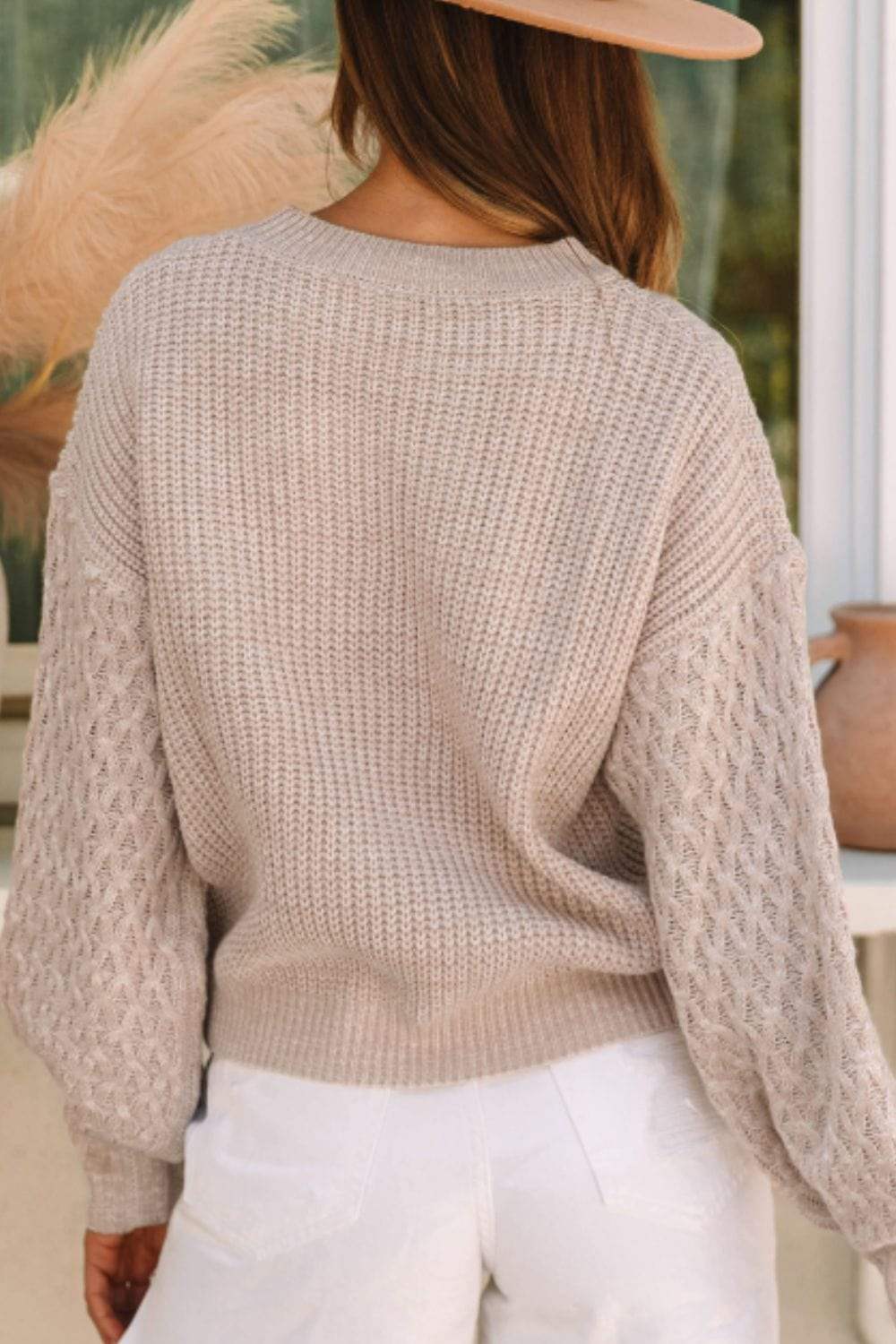 Cable-Knit Round Neck Dropped Shoulder Sweater - Trendsi - Flyclothing LLC