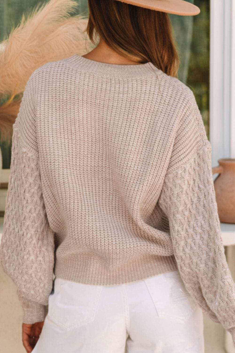 Cable-Knit Round Neck Dropped Shoulder Sweater - Trendsi - Flyclothing LLC
