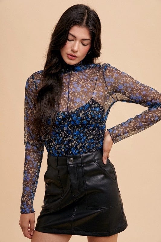 Annie Wear Floral Lettuce Hem Sheer Mesh Top - Trendsi