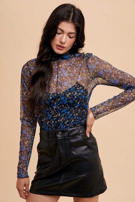 Annie Wear Floral Lettuce Hem Sheer Mesh Top - Trendsi - Flyclothing LLC