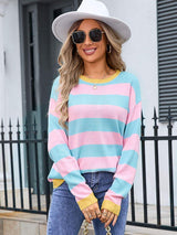Striped Round Neck Dropped Shoulder Sweater - Trendsi - Flyclothing LLC
