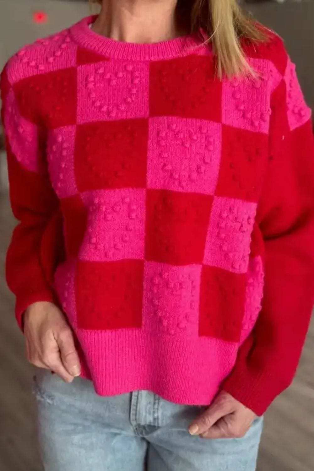 Checkered Round Neck Dropped Shoulder Sweater - Trendsi - Flyclothing LLC