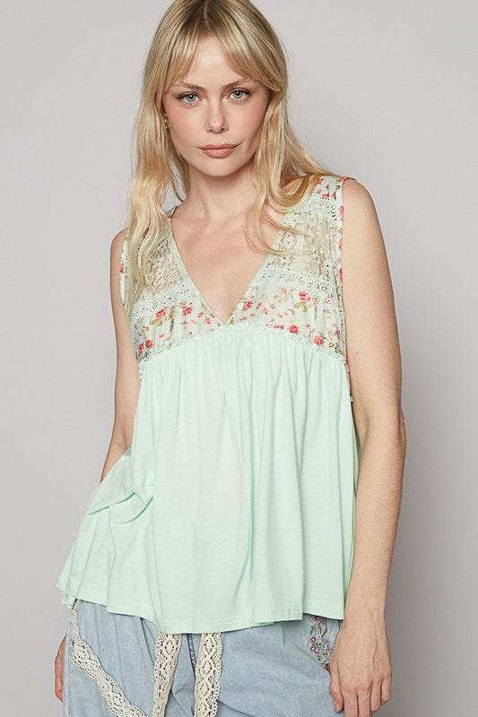 POL Lace Detail Frill Floral V-Neck Sleeveless Top - Trendsi - Flyclothing LLC
