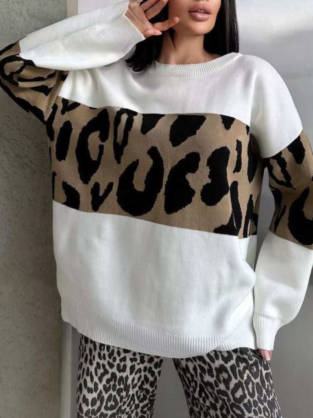 Leopard Color Block Round Neck Sweater - Trendsi - Flyclothing LLC