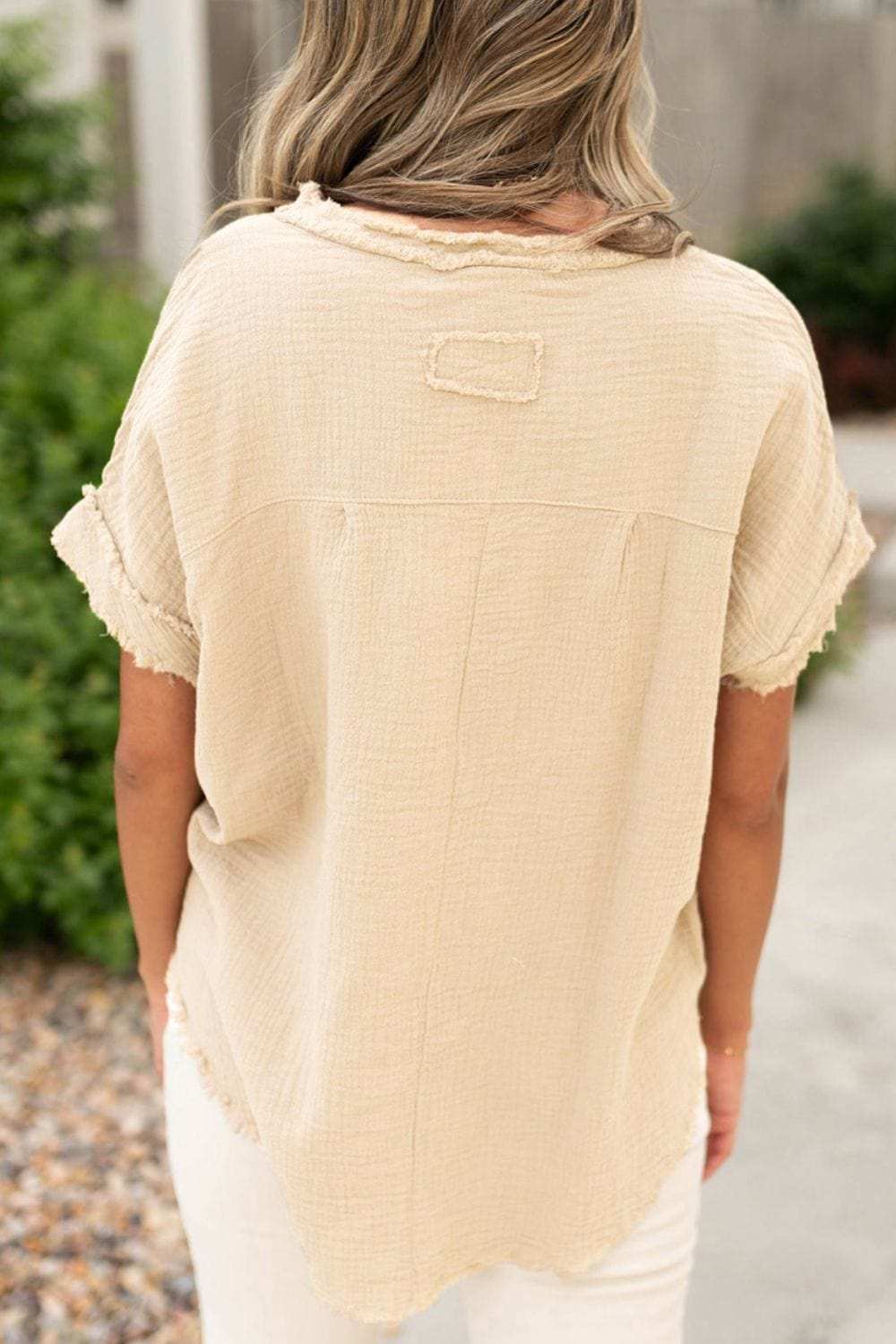 Textured Frayed Trim Half Button Short Sleeve Top - Trendsi - Flyclothing LLC