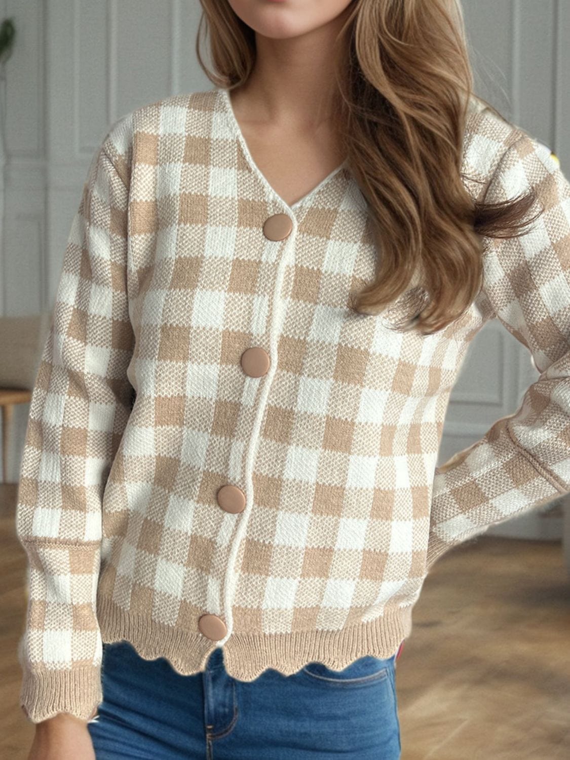 Plaid V-Neck Button Up Cardigan - Trendsi