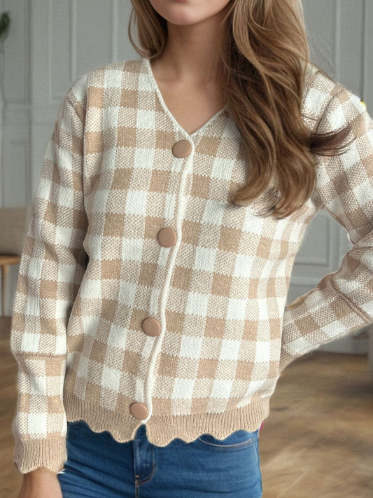 Plaid V-Neck Button Up Cardigan - Trendsi