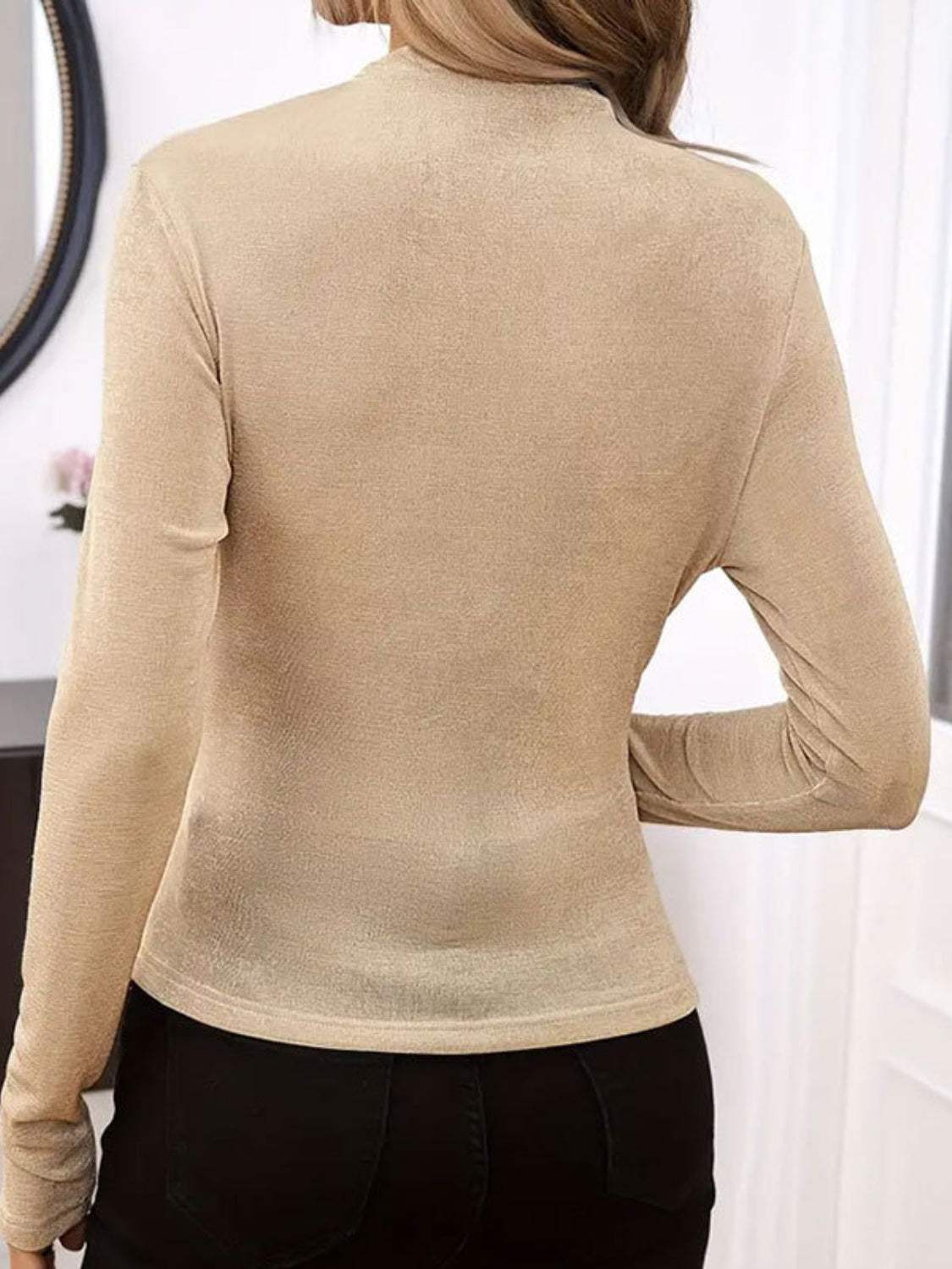 Ruched Mock Neck Long Sleeve T-Shirt - Trendsi - Flyclothing LLC