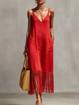 Full Size Fringe V-Neck Spaghetti Strap Dress Plus Size - Trendsi - Flyclothing LLC