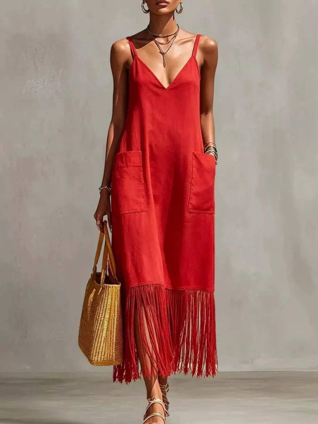 Full Size Fringe V-Neck Spaghetti Strap Dress Plus Size - Trendsi - Flyclothing LLC