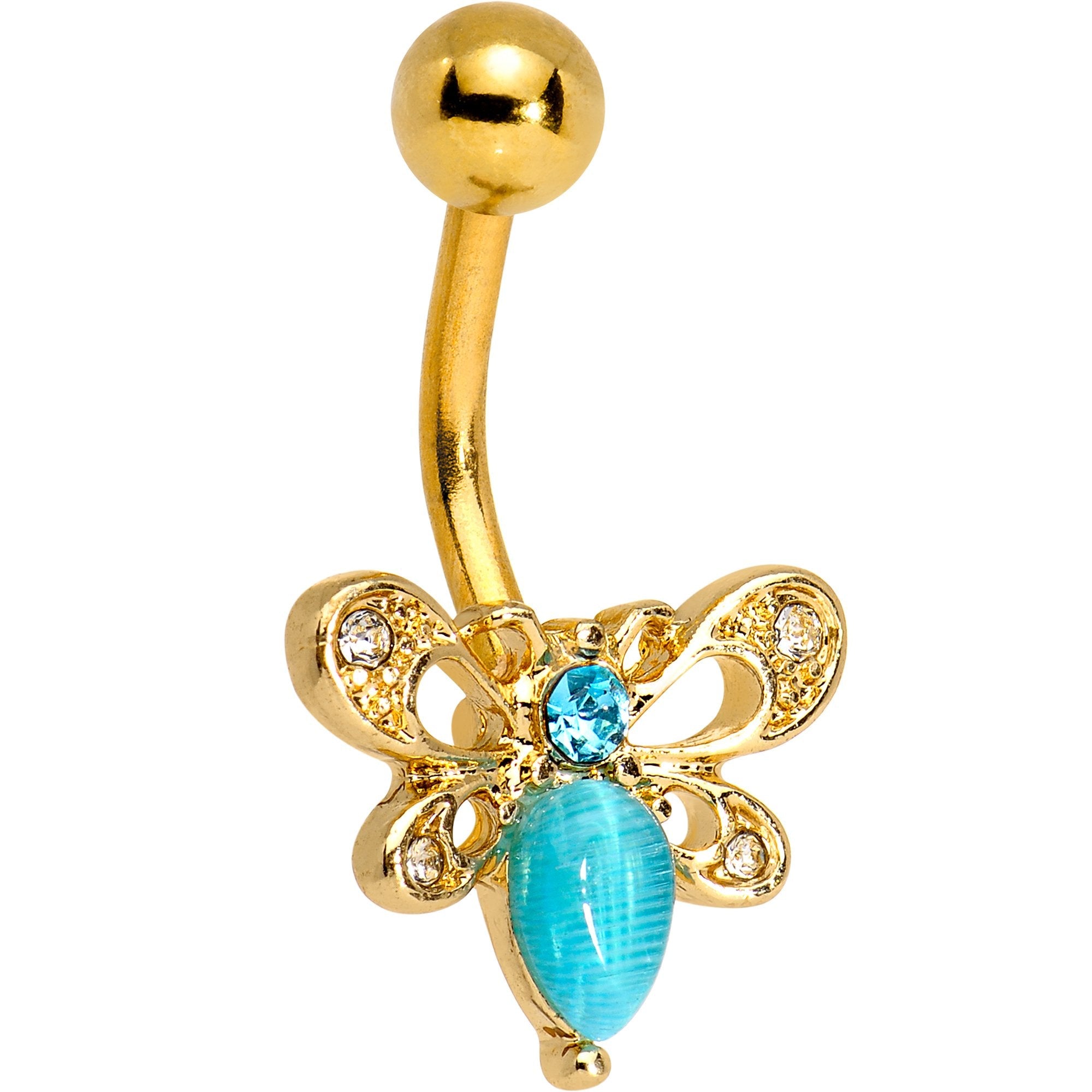 Aqua Gem Gold Tone Anodized Honey Butterfly Belly Ring - BodyCandy - Flyclothing LLC
