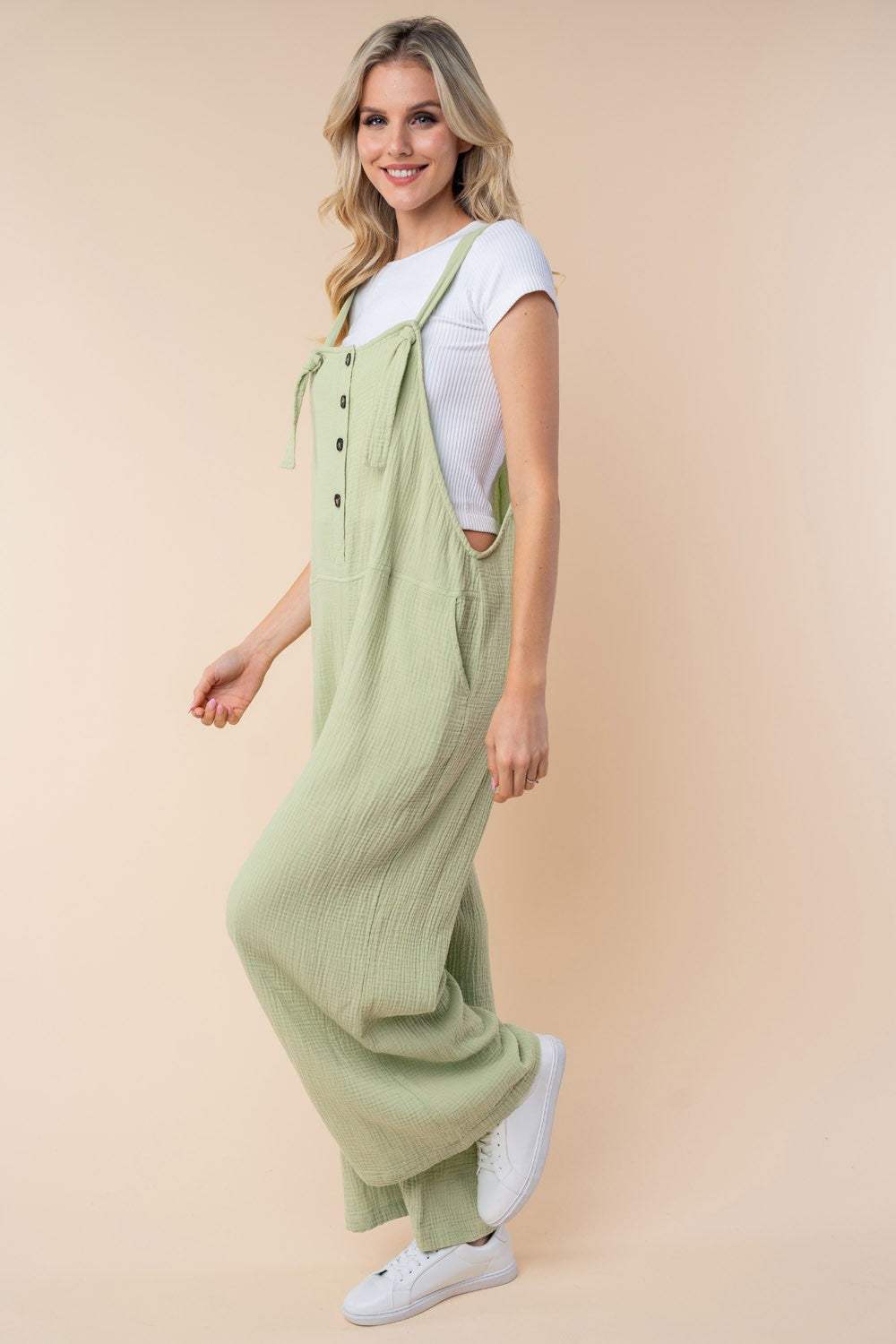 White Birch Texture Sleeveless Wide Leg Jumpsuit - Trendsi - Flyclothing LLC