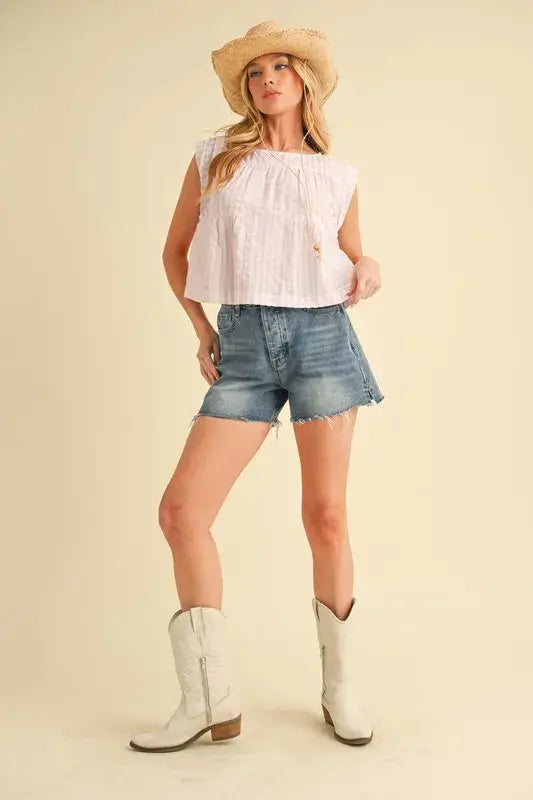 Aemi+Co Ruched Striped Round Neck Sleeveless Top - Trendsi - Flyclothing LLC