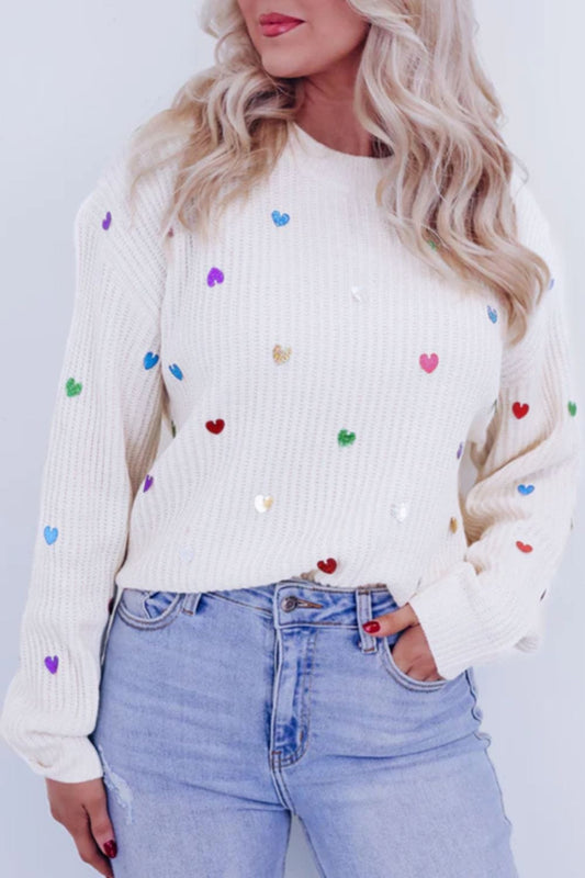 Heart Sequin Round Neck Long Sleeve Sweater - Trendsi