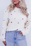 Heart Sequin Round Neck Long Sleeve Sweater - Trendsi