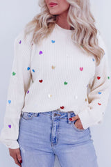 Heart Sequin Round Neck Long Sleeve Sweater - Trendsi