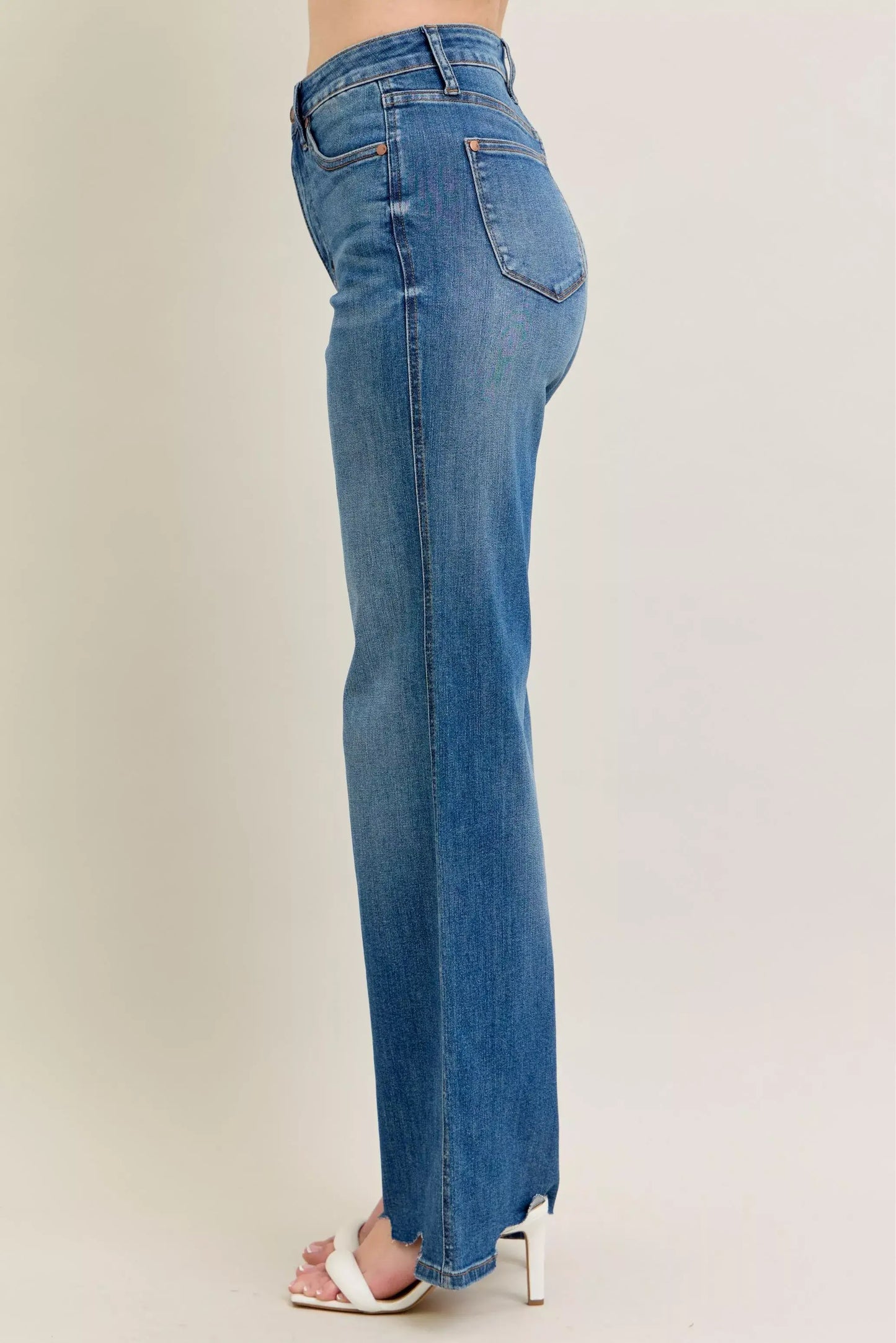 Judy Blue Full Size High Waist Tummy Control Chew Hem Destroy Wide Jeans Plus Size - Trendsi - Flyclothing LLC