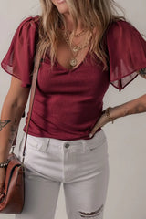 Mesh Short Sleeve Slim V-Neck Top - Trendsi - Flyclothing LLC