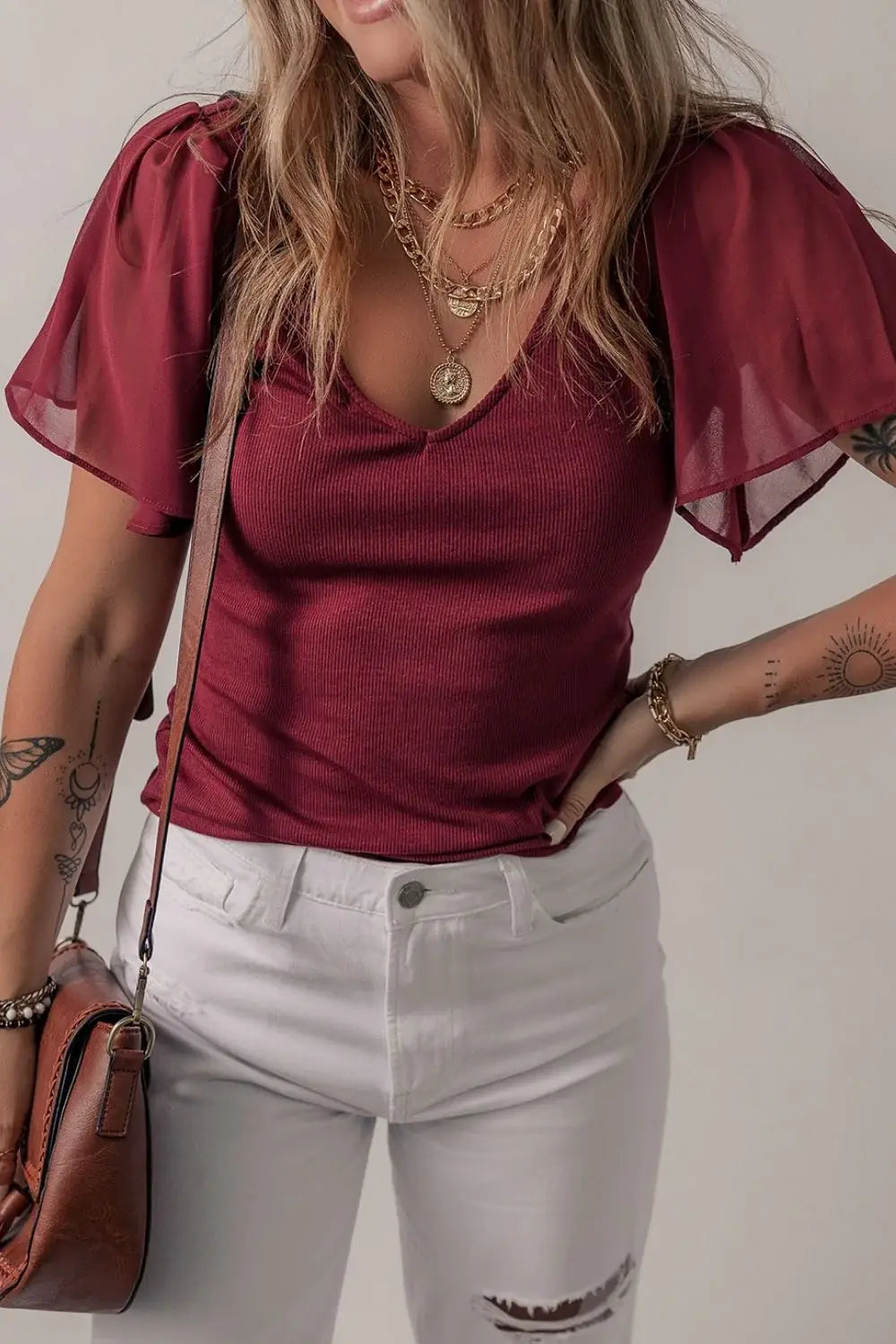 Mesh Short Sleeve Slim V-Neck Top - Trendsi - Flyclothing LLC