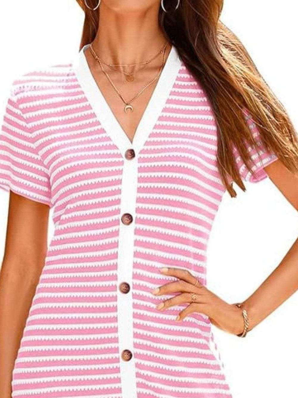 Contrast Striped V-Neck Short Sleeve Midi Dress - Trendsi - Flyclothing LLC
