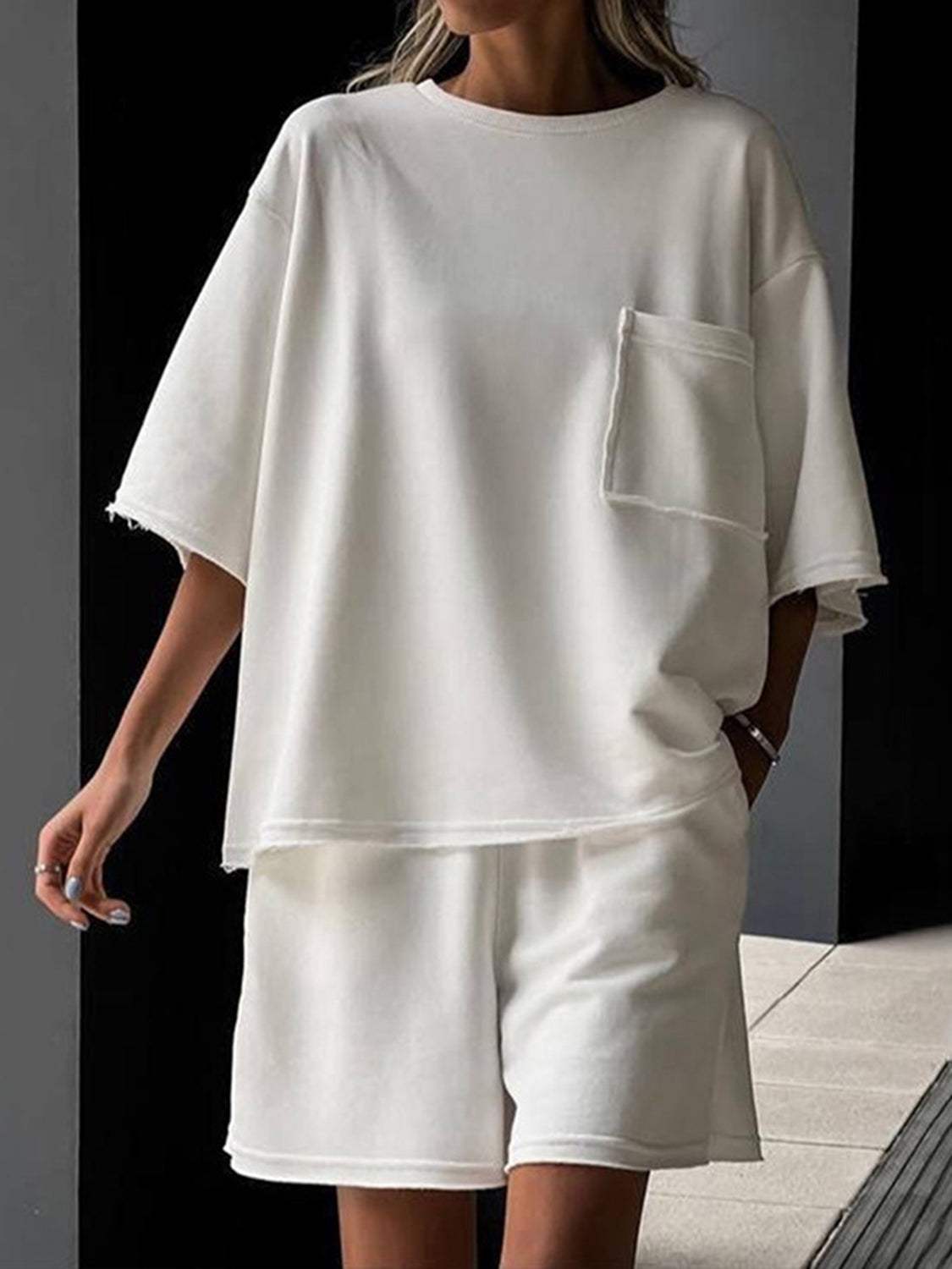 Pocketed Round Neck Half Sleeve Top and Shorts Set - Trendsi - Flyclothing LLC