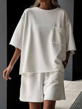Pocketed Round Neck Half Sleeve Top and Shorts Set - Trendsi - Flyclothing LLC