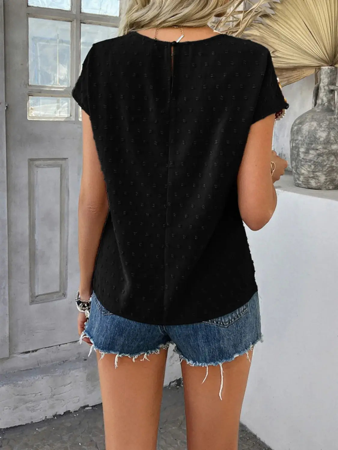 Devine Swiss Dot Round Neck Crochet Short Sleeve Top - Trendsi - Flyclothing LLC
