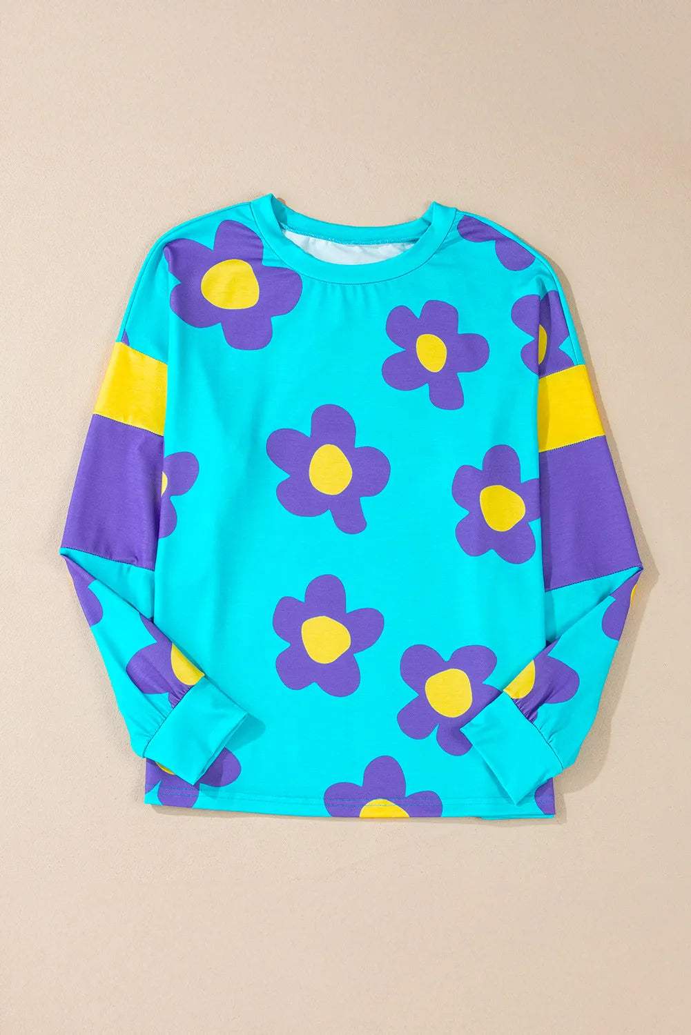 Contrast Flower Round Neck Long Sleeve Blouse - Trendsi - Flyclothing LLC