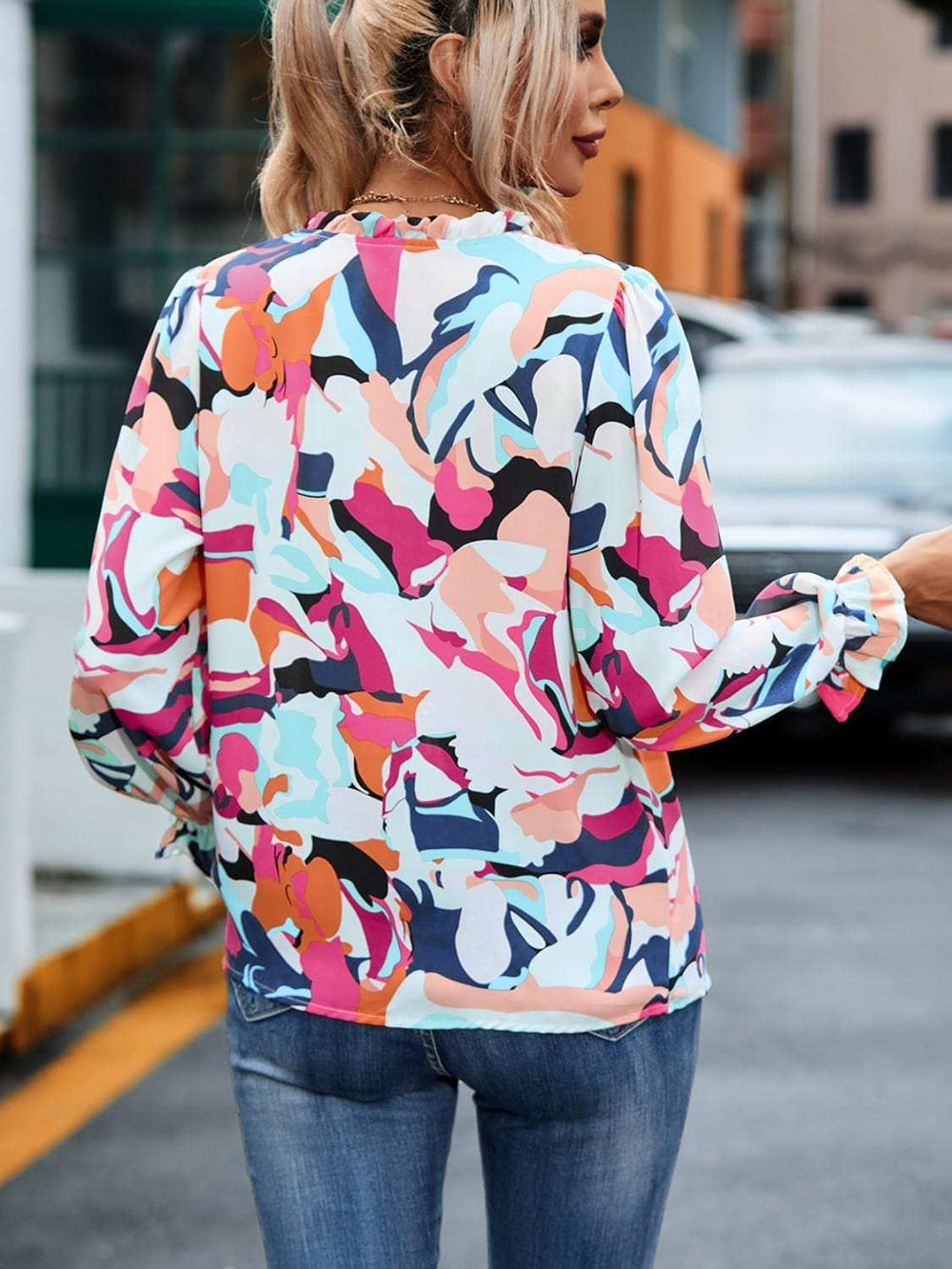 Printed Tie Neck Long Sleeve Blouse - Trendsi - Flyclothing LLC