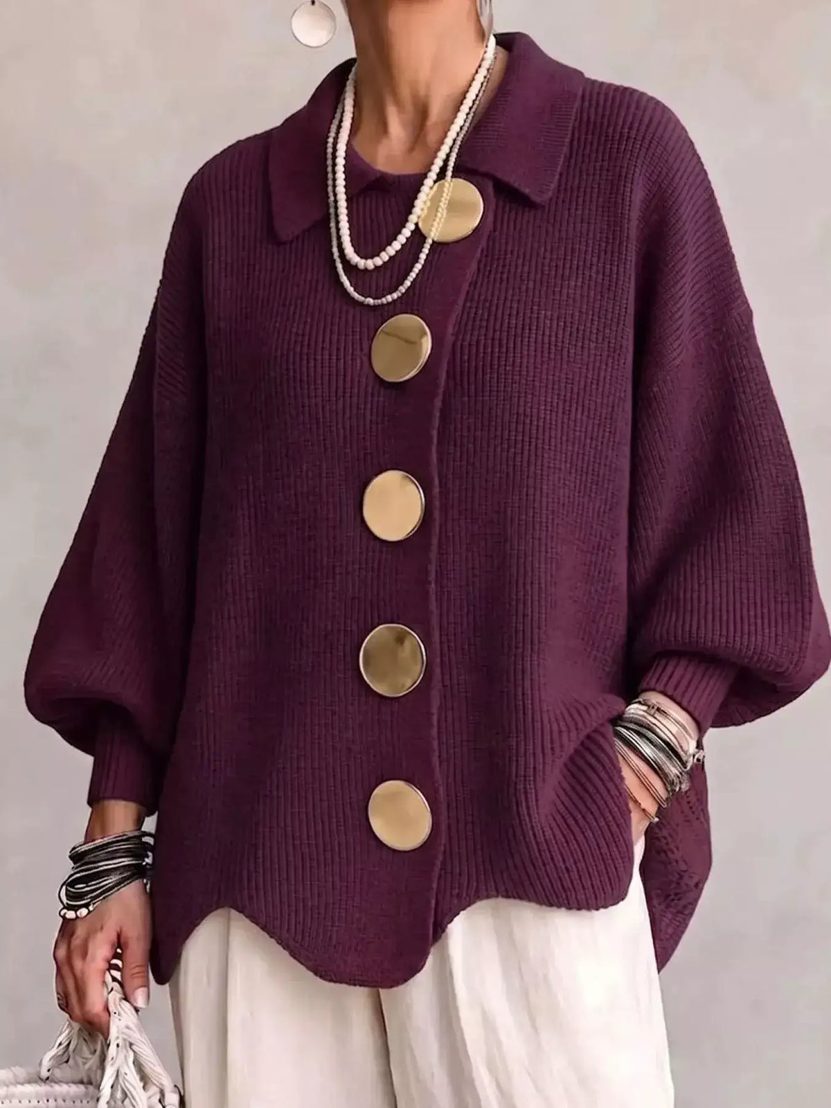 Full Size Gold Buttons Lantern Sleeve Cardigan Plus Size - Trendsi - Flyclothing LLC