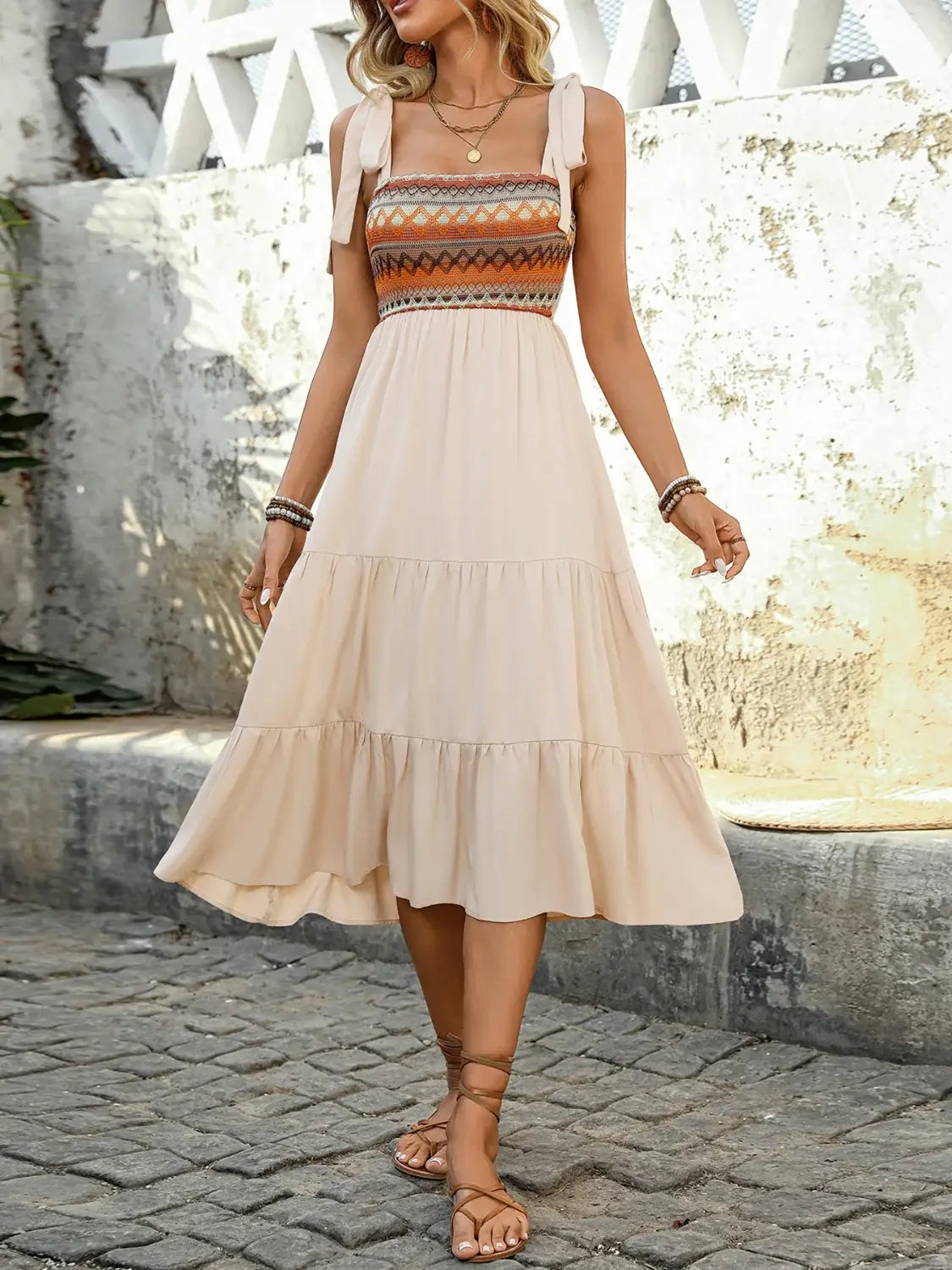 Tie Shoulder Square Neck Tiered Midi Dress - Trendsi - Flyclothing LLC