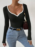 Contrast Trim Long Sleeve Knit Top - Trendsi - Flyclothing LLC