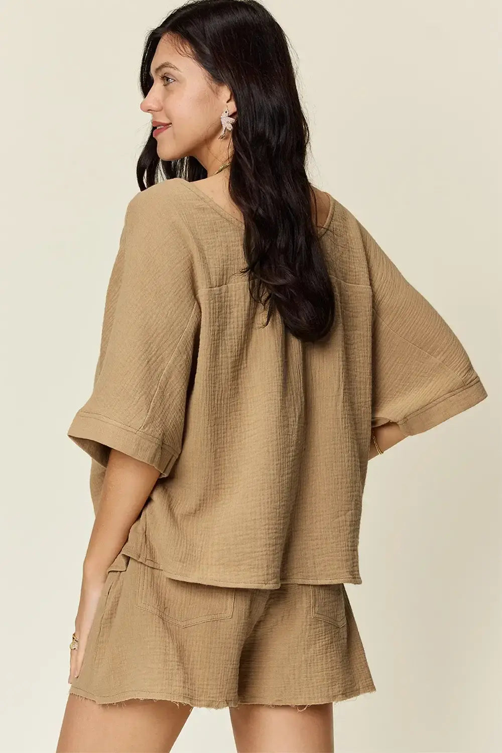 Double Take Texture Half Sleeve T-Shirt and Drawstring Shorts Set - Trendsi - Flyclothing LLC