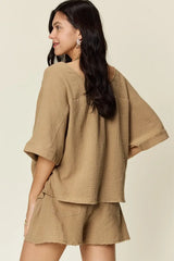 Double Take Texture Half Sleeve T-Shirt and Drawstring Shorts Set - Trendsi - Flyclothing LLC