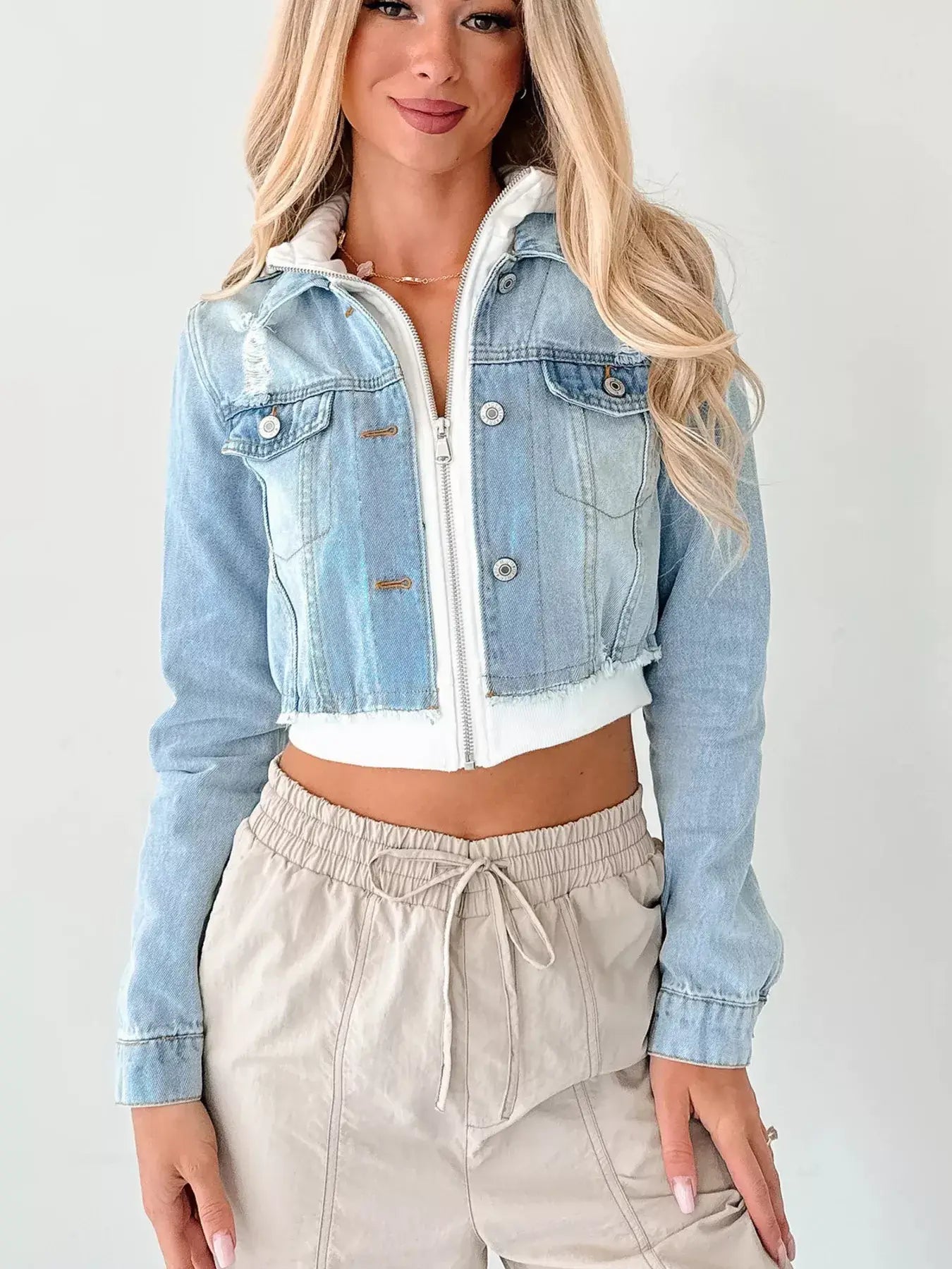 Distressed Zip Up Cropped Hooded Denim Jacket - Trendsi - Flyclothing LLC