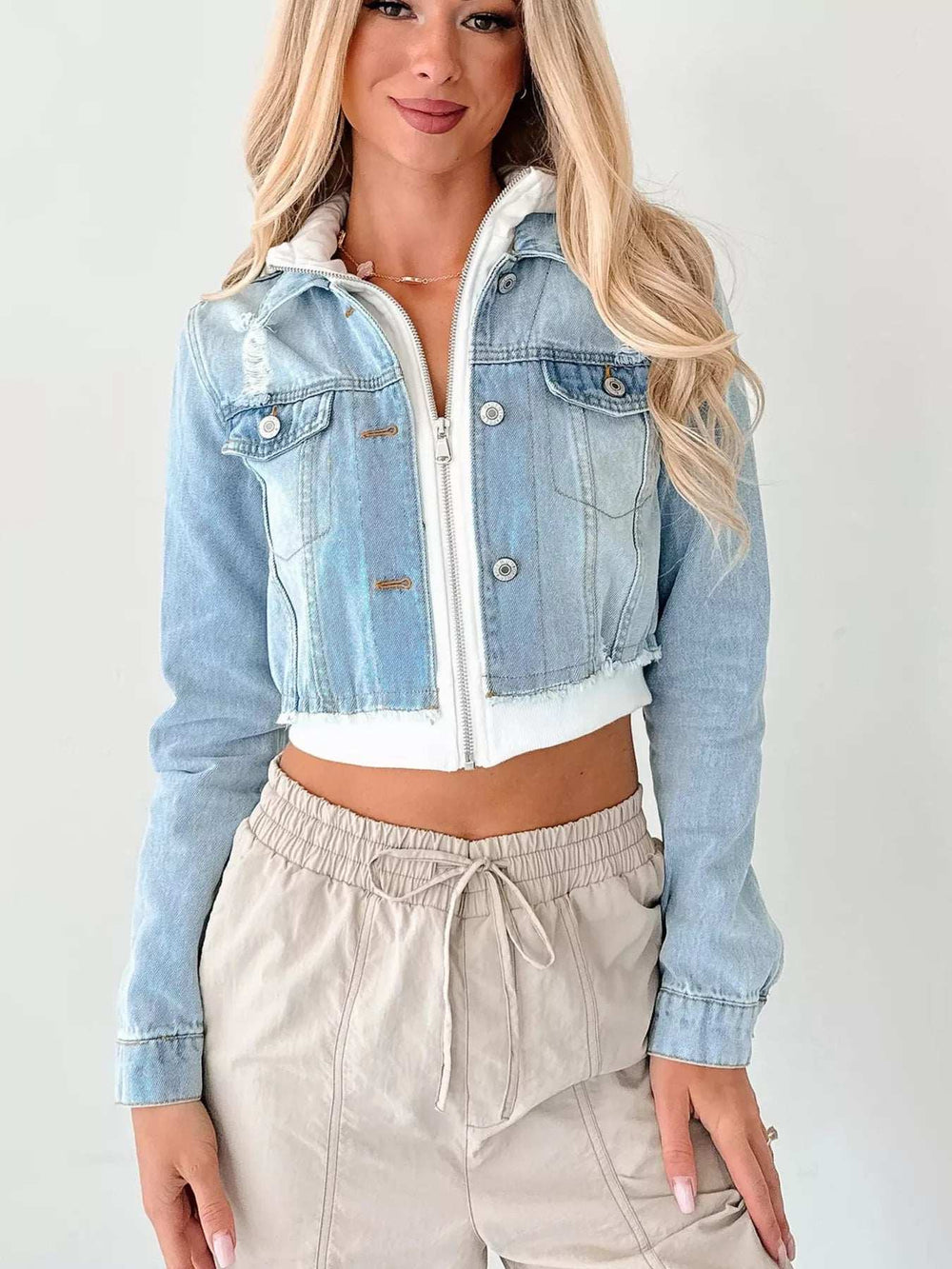 Distressed Zip Up Cropped Hooded Denim Jacket - Trendsi - Flyclothing LLC