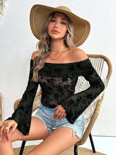 Off-Shoulder Flare Sleeve Lace Top - Trendsi - Flyclothing LLC