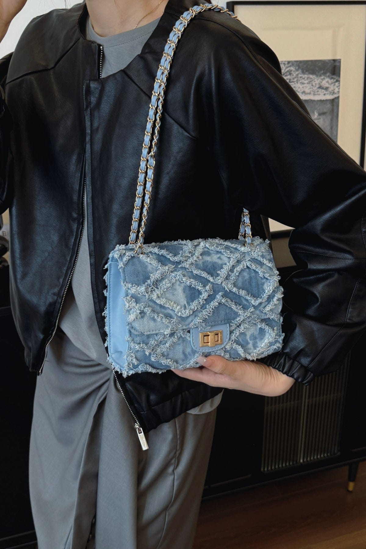 Raw Hem Denim Crossbody Bag - Trendsi